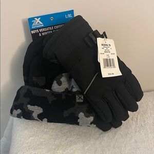 Kids L Black and Gray Winter Gloves and Hat Set